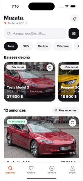 L'application Muzatu affichant des annonces à Kinshasa, avec les prix en dollars.
